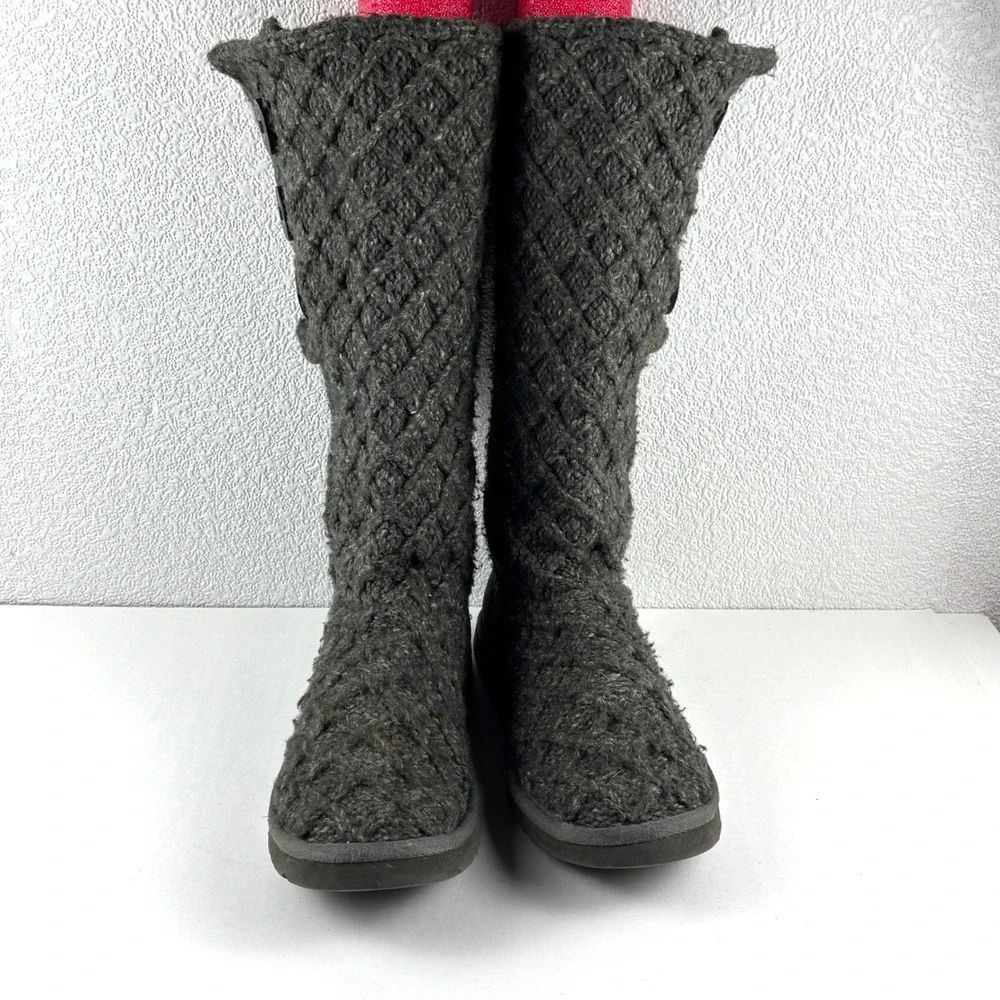 UGG Lattice Cardy Boots Women 7 Grey Knit Button Tall 3066 Cottagecore Cabincore